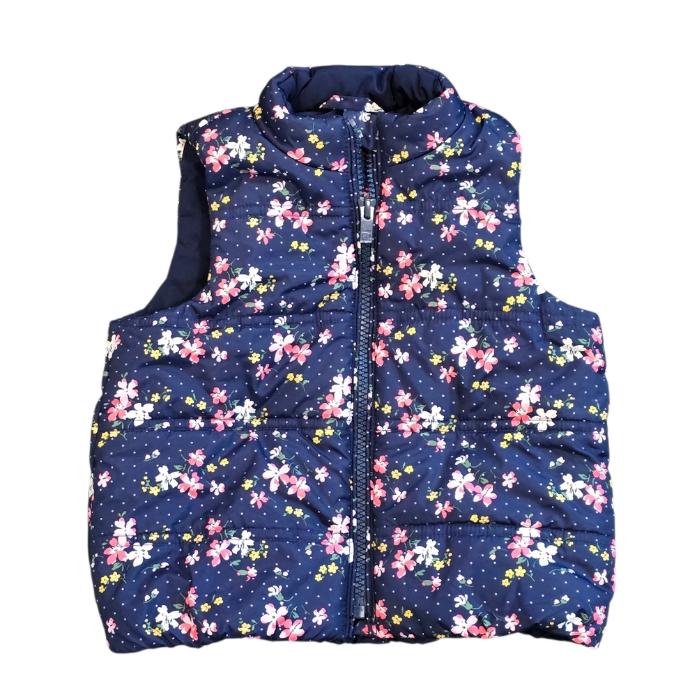 BABY GAP Toddler Floral Puffer Vest, Navy Floral Print, Size 2 Years